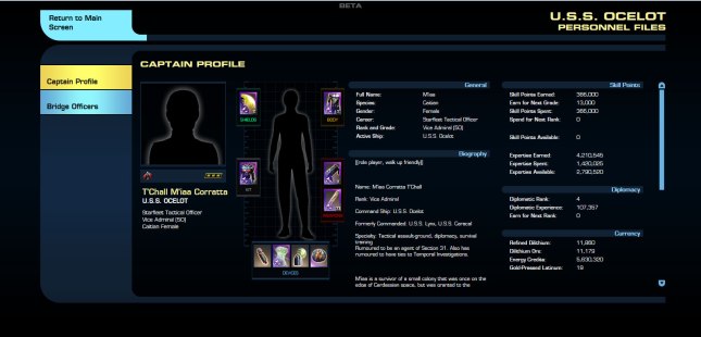 Personal page, giving all of the information about the character, such as rank, biography, weaponry, shields, armour, and so on.  You can even click on each piece to get more information about it, just as you could on the ship page.